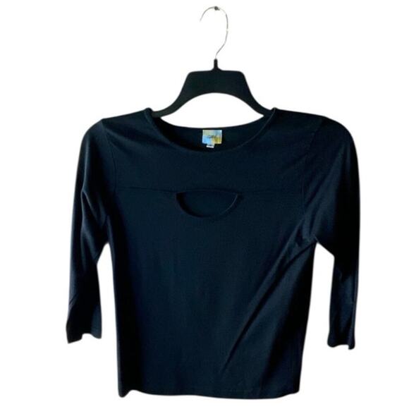 Cubix Silk Top S 3/4 Sleeve Crewneck Keyhole Casual Minimalist Preppy Pullover - Picture 3 of 6